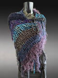 Hand knit purple blue poncho with fringe, boho hippie wrap
