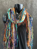 Handmade Mardi Gras color fringe scarf with art yarns, Boho content scarf
