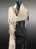 Fringed artistic ivory neutral scarf, boho hippie, Stevie nicks style