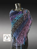Hand knit purple blue poncho with fringe, boho hippie wrap