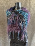 Hand knit purple blue poncho with fringe, boho hippie wrap