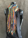 Handmade Mardi Gras color fringe scarf with art yarns, Boho content scarf
