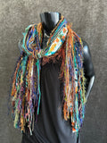Handmade Mardi Gras color fringe scarf with art yarns, Boho content scarf