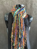 Handmade Mardi Gras color fringe scarf with art yarns, Boho content scarf