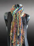 Handmade Mardi Gras color fringe scarf with art yarns, Boho content scarf
