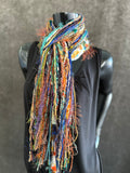 Handmade Mardi Gras color fringe scarf with art yarns, Boho content scarf