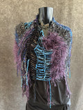 Hand knit purple blue poncho with fringe, boho hippie wrap