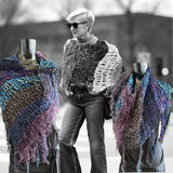 Hand knit purple blue poncho with fringe, boho hippie wrap