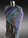 Hand knit purple blue poncho with fringe, boho hippie wrap