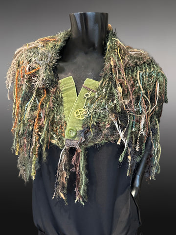 Knit Cowl with fringe and fur, boho style fashion, shoulder wrap
