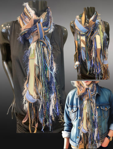 Lightweight jean blue green brown Boho fabric plus art yarn Scarf, Shreds Fringie yarn scarf, fiber scarf, street style scarf, refashion