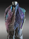 Hand knit purple blue poncho with fringe, boho hippie wrap