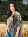 Hand Knit Boho style Poncho, Fringed Knit neutral poncho, shoulder wrap.