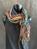 Handmade Mardi Gras color fringe scarf with art yarns, Boho content scarf