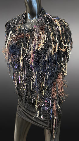 Hand knit bohemian poncho, unisex postapoc, black beige, tribal style clothing