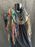 Handmade Mardi Gras color fringe scarf with art yarns, Boho content scarf