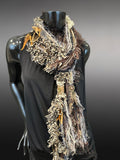 Feather and Leather Fringe Scarf with metal embellishments and leather, cheetah print bohemian scarf
