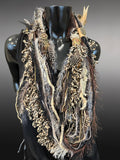 Feather and Leather Fringe Scarf with metal embellishments and leather, cheetah print bohemian scarf