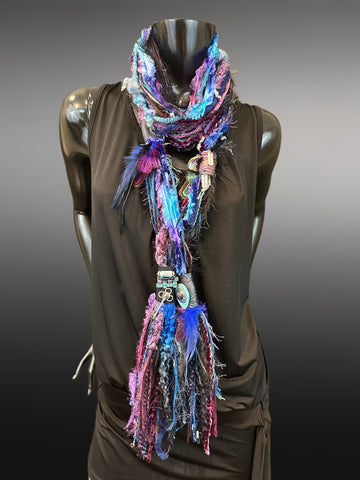 Feather and Leather Fringe Scarf with metal embellishments and leather, art yarn bohemian scarf (Copy)
