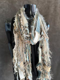 Boho fiber fringe scarf handmade in olive sage and cream artwear