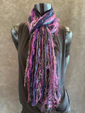 Handmade art yarn fringe scarf with art yarns , Fringie scarf in purple jewel tones, women gift, boho accessory, vibrant color scarf