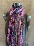 Handmade art yarn fringe scarf with art yarns , Fringie scarf in purple jewel tones, women gift, boho accessory, vibrant color scarf
