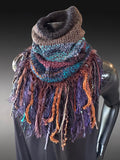 Knit Handmade reversible turtleneck neckwarmer cowl with fringe in dark jewel tone