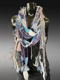 Boho neutral fiber fringe scarf with upcycyled fabric and art yarn in Lavender Blue Gray