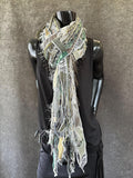 Boho fiber fringe scarf handmade in olive sage and cream artwear