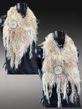 Hand Knit tan beige fluffy scarf with oversized button, Fur Art Scarf, knit neckwarmer, boho fringe scarf