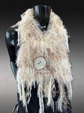 Hand Knit tan beige fluffy scarf with oversized button, Fur Art Scarf, knit neckwarmer, boho fringe scarf