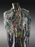 Boho Poncho in teal olive taupe,  hippie fringed Knit handmade Poncho, cowgirl style