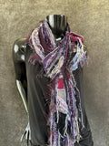 Boho neutral fiber fringe scarf with upcycled fabric and art yarn In rich purple maroon