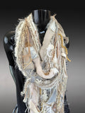 Boho neutral fiber fringe scarf with upcycled fabric and art yarn