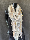 Boho neutral fiber fringe scarf with upcycled fabric and art yarn