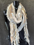 Boho neutral fiber fringe scarf with upcycled fabric and art yarn