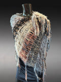 Hand Knit Boho style Poncho, Fringed Knit neutral poncho, shoulder wrap.
