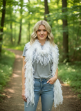 Hand Knit Bohemian Fur scarf with fringe in Taupe white Ivory