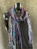 Unique handmade Boho style fringe scarf in Purple blue gray, funky scarf