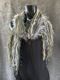 Fringe scrappy bohemian or cowgirl style scarf in olive sage beige