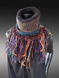 Knit Handmade reversible turtleneck neckwarmer cowl with fringe in dark jewel tone