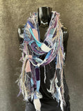 Boho neutral fiber fringe scarf with upcycyled fabric and art yarn in Lavender Blue Gray