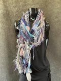 Boho neutral fiber fringe scarf with upcycyled fabric and art yarn in Lavender Blue Gray