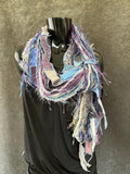 Boho neutral fiber fringe scarf with upcycyled fabric and art yarn in Lavender Blue Gray