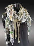 Boho fiber fringe scarf handmade in olive sage and cream artwear
