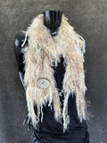 Hand Knit tan beige fluffy scarf with oversized button, Fur Art Scarf, knit neckwarmer, boho fringe scarf