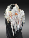 Hand Knit scarf with oversized button, Ivory Faux Fur neck boho Scarf, Scarf with button