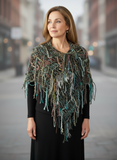 Boho Poncho in teal olive taupe,  hippie fringed Knit handmade Poncho, cowgirl style