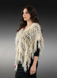 Boho knit poncho in ivory beige, fringed shawl tribal wrap, Tribal Wrap
