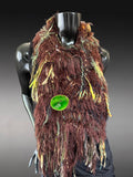 Green Brown knit fur scarf with glazed button, boho style, elfin style